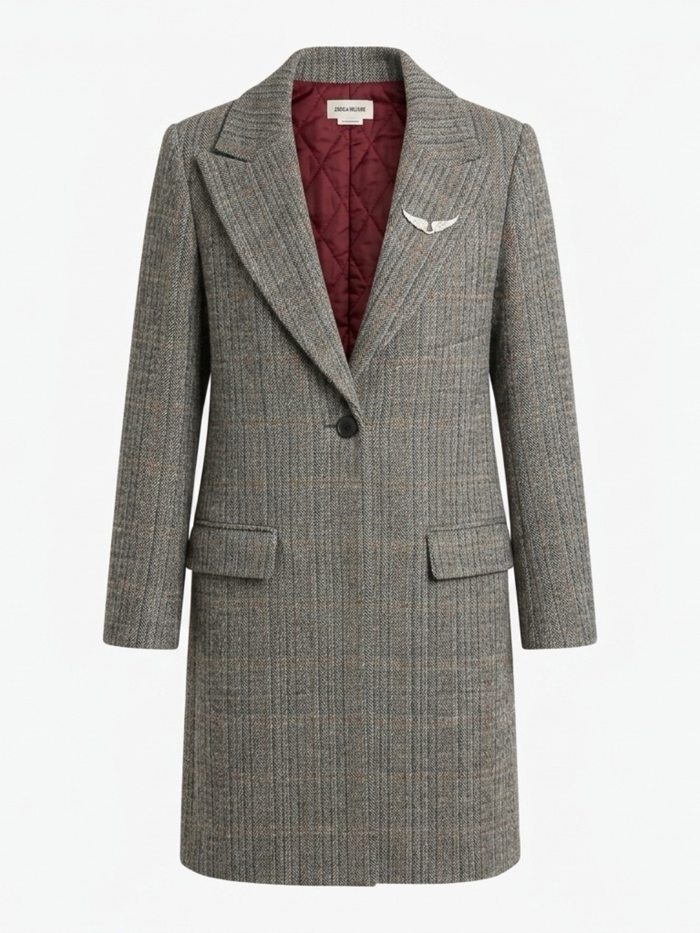 Checked Wool-Blend Single-Button Coat in Gray